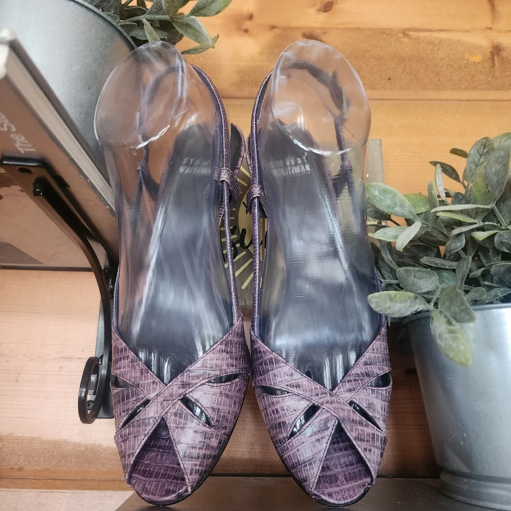 Stuart Weitzman 💜 Snake Croc Emboss Purple Leather Slingback Peep Pump Heels 8N